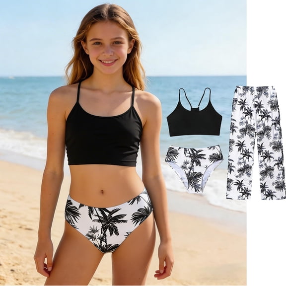 Girls Swim Suits Girls' 3 Piece Swimsuit with Pants Summer Beach Girls' Swimwear Girls Bathing Suit for Girls 10-11 Years