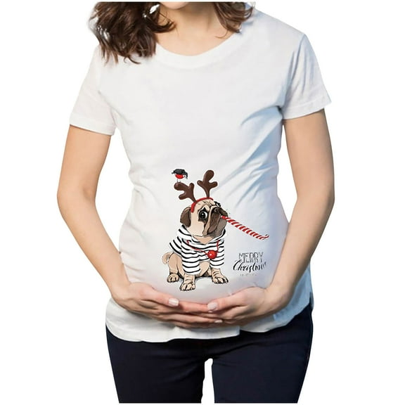 Odeerbi Christmas Shirts for Women 2025 Elk Snowman Cartoon Print Maternity Clothing Short Sleeve Top Pregnancy Beige