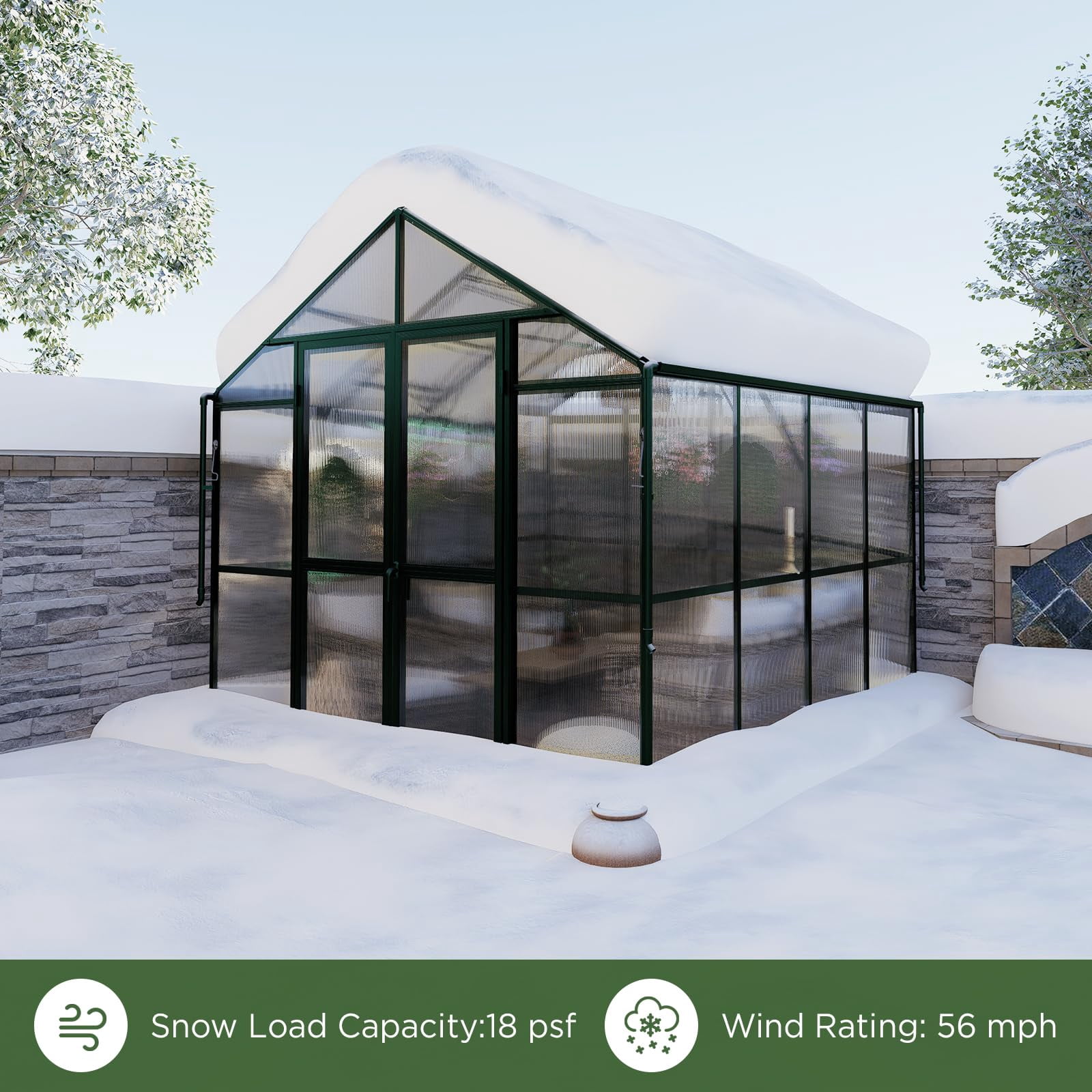 Jocisland 8x8x7.5 ft Outdoor Aluminum Polycarbonate Walk in Greenhouse with Ventilation and Rain Gutter, Double Doors with Hook, for Outdoors(Green)