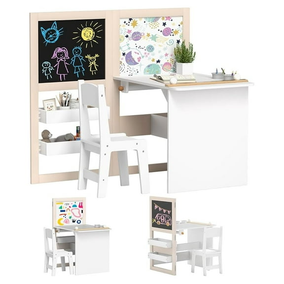 Kids 3 in 1 Art Table and Chair with Storage Shelves, Foldable Blackboard, Whiteboard & Roll Paper, Toddler Table and Chair Set for 3-8 Years, White