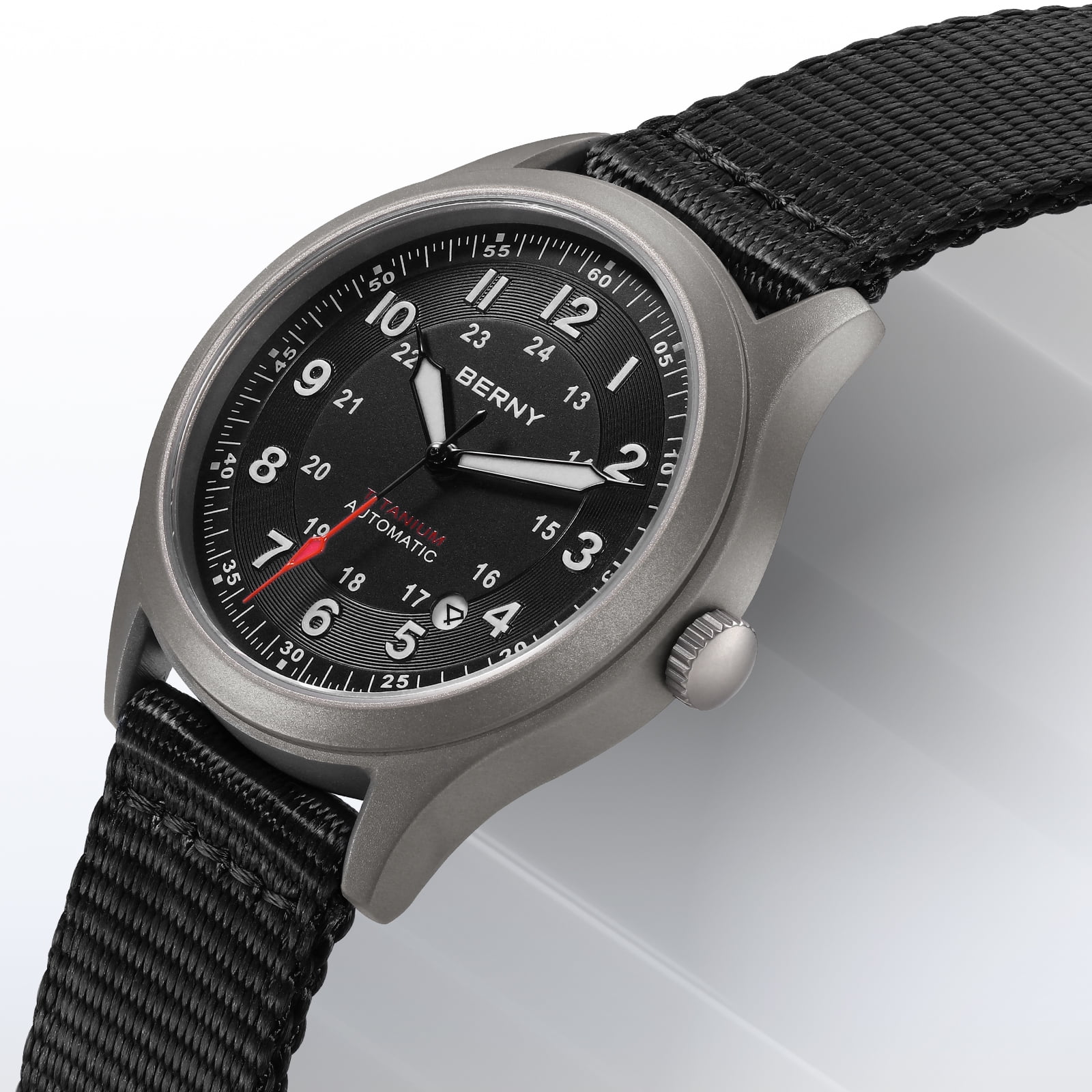 BERNY Automatic Watches for Men Military Sport Nylon Strap Titanium Field Watch with Date Sapphire Crystal Luminous Analog Mechanical Watch 100M Waterproof Army Tactical Casual Wristwatch (Black)