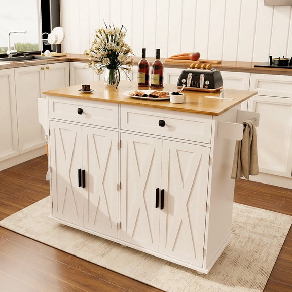 Kitchen Island with Power Outlet, 2 Large Drawers & 2 X-Shaped Double Doors | Rolling Kitchen Cart with Lockable Wheels, Drop-Leaf Table for Storage & Prep Work