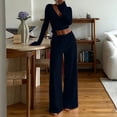 thumbnail image 5 of vdgthytj 2 Piece Sets for Women Long Sleeve V-Neck Wrap Waist Crop Tops Drawstring Wide Leg Pants Fall Casual Going out Outfits, 5 of 5