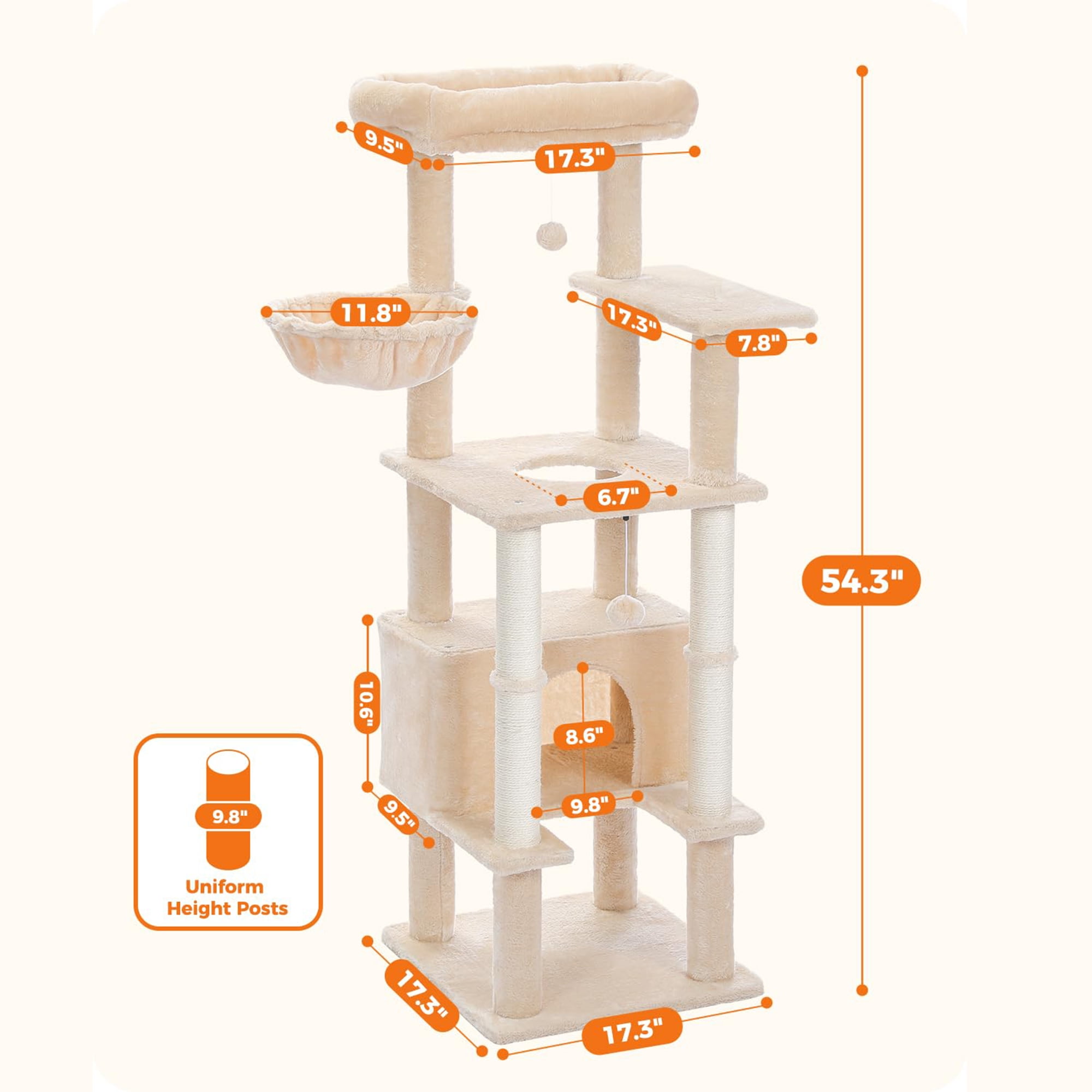 Kadyn 54" Cat Tree Tower for Big Cats, Cat Tree House Furniture with Hammock, Indoor Cat Condo for Adult Cats, Beige