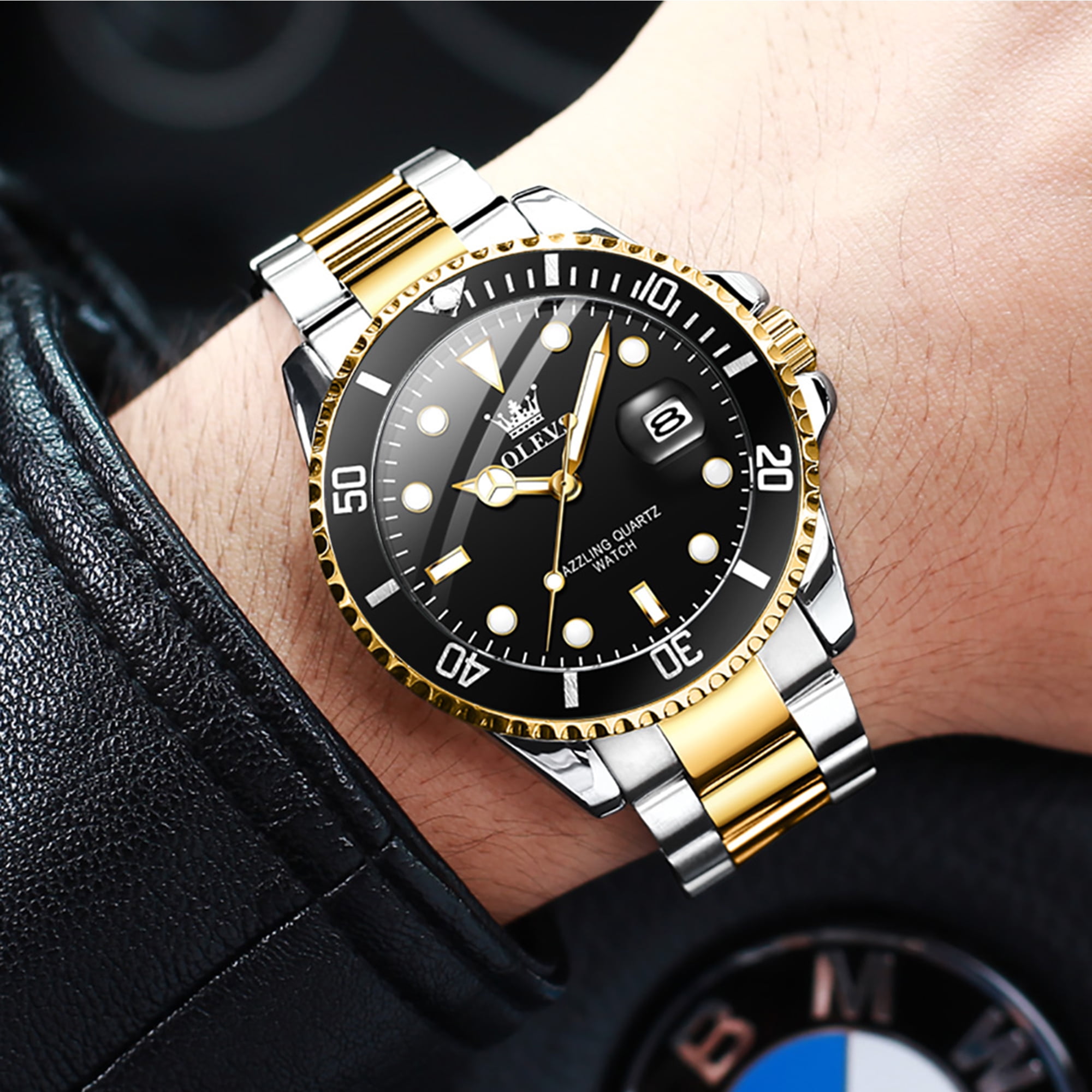 OLEVS Watches for Men Luxury Classic Dress Analog Quartz Fashion Two Tone Gold Plated Stainless Steel Date Waterproof Luminous Mens Wrist Watches Reloj Para Hombre Green/Black/Blue