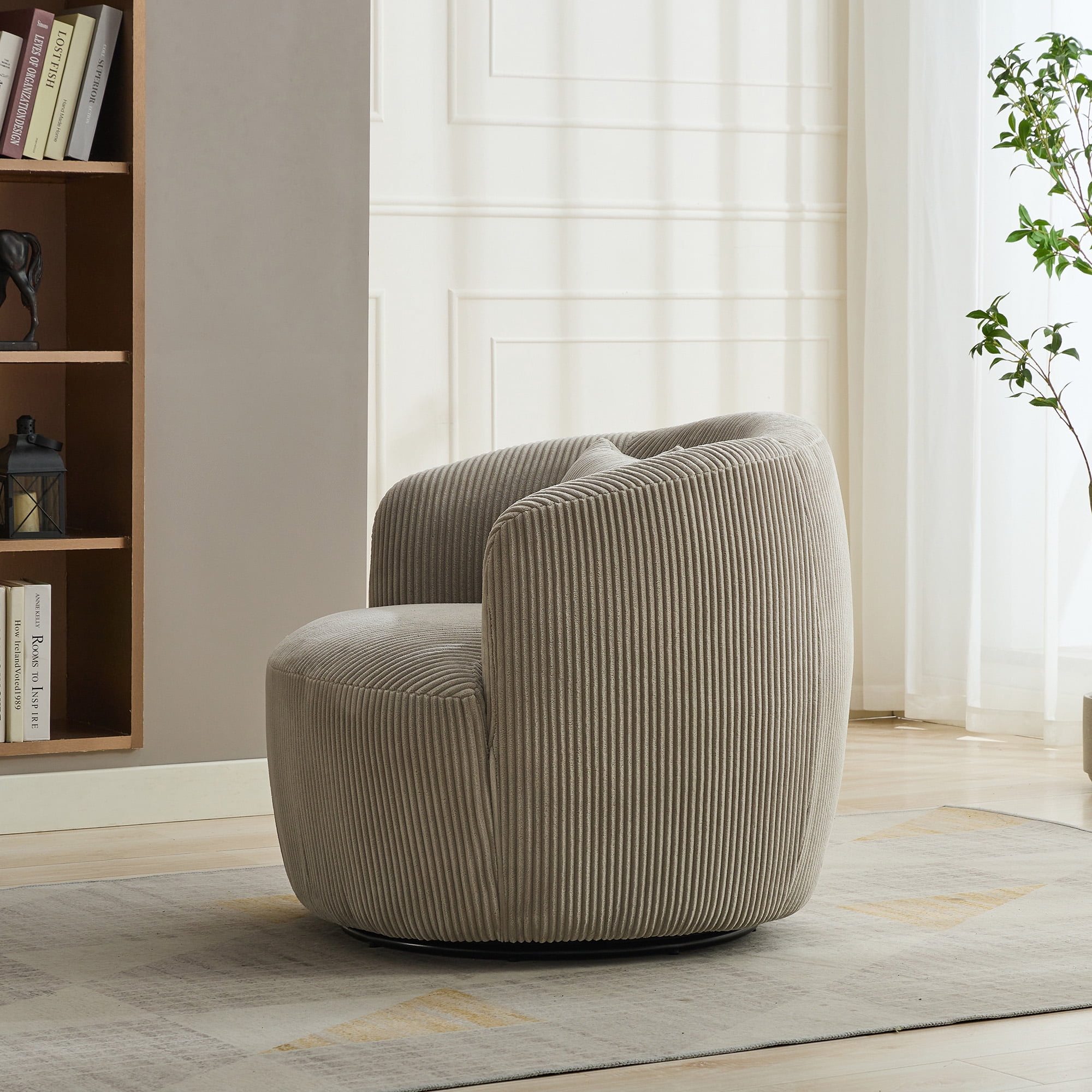 Gewnee 34.25 "Wide Upholstered Corduroy 360° Swivel Barrel Soft Accent Chair with Pillow, Circular Reading Armchair for Club, Living Room, Bedroom, Office, Lounge, Light Gray.