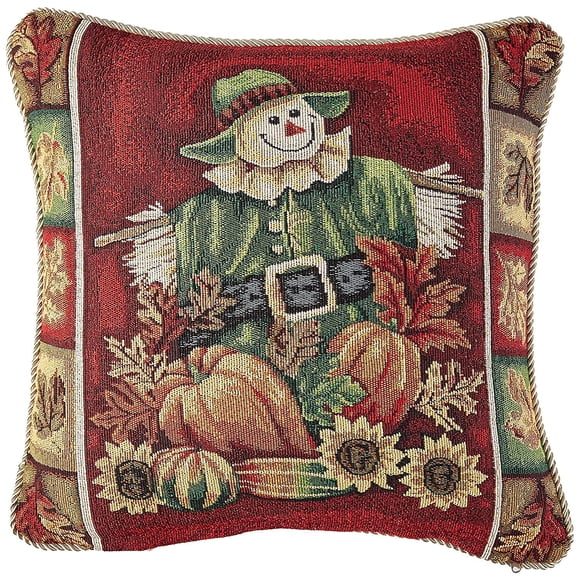 Violet Linen Fall Harvest Collection-Tapestry Scarecrow Pumpkins Autumn Leaves and Sunflowers Design 18" x 18" Cushion Cover