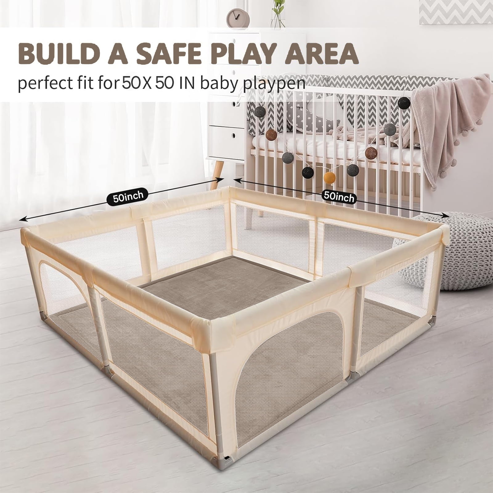 Teler Baby Play Mat for Floor, 1.3" Thick Foam 50"×50" Playmat, Ultra-Soft Plush Feel & Non-Slip Backing Safe for Infants, Toddlers Crawling, Brown