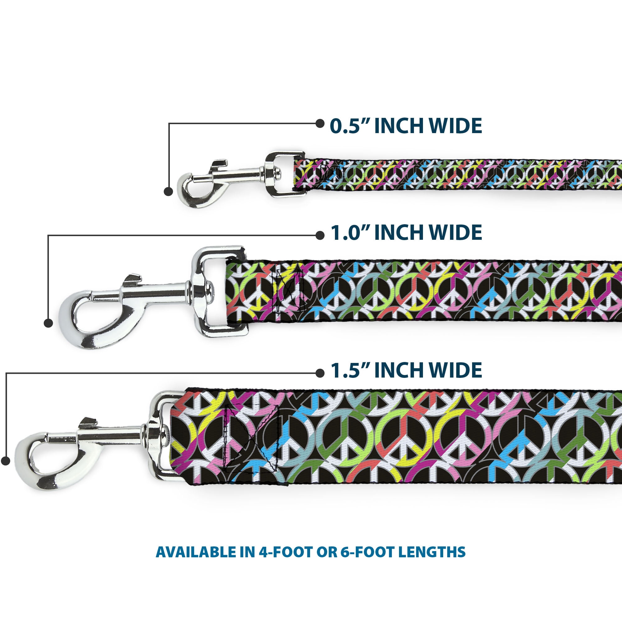 Buckle-Down Pet Leash, Dog Leash, Peace Black Multi Stripes, 6 Feet Long 1.0 Inch Wide