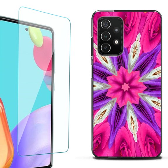 Slim-Fit Flexible TPU Gel Phone Case (black) for Samsung Galaxy A52 5G, with Tempered Glass Screen Protector, by OneToughShield ® - Kaleidoscope Rose