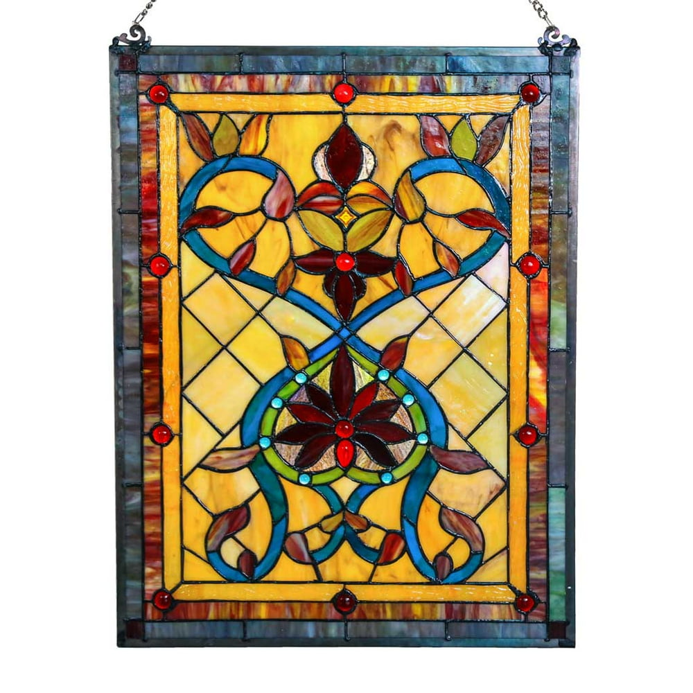 River of Goods 24 in. Stained Glass Fiery Hearts and Flowers Window