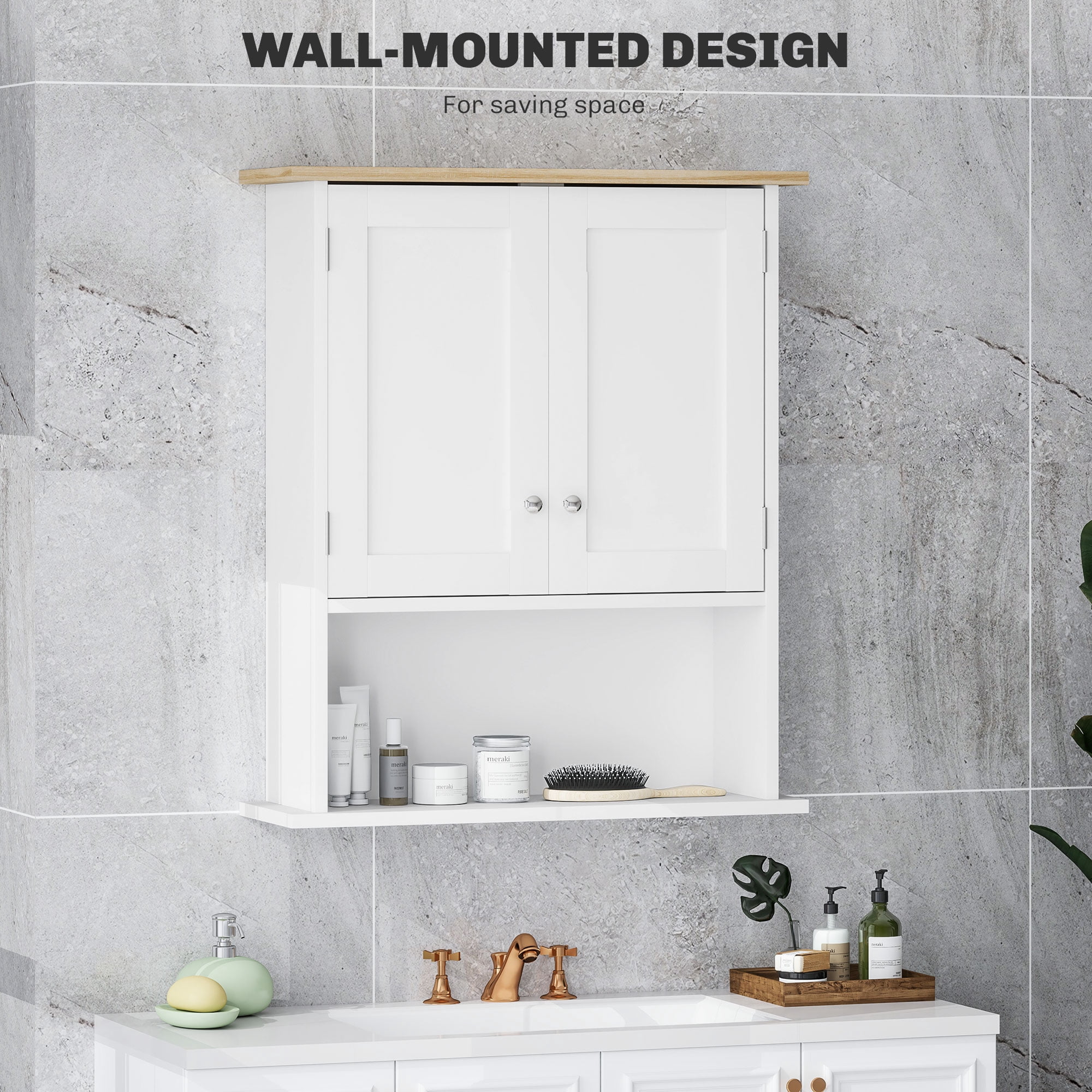 HOMCOM Over the Toilet Bathroom Wall Cabinet, Modern Bathroom Cabinet Wall Mounted Medicine Cabinet with 2 Doors, Adjustable Shelf, White