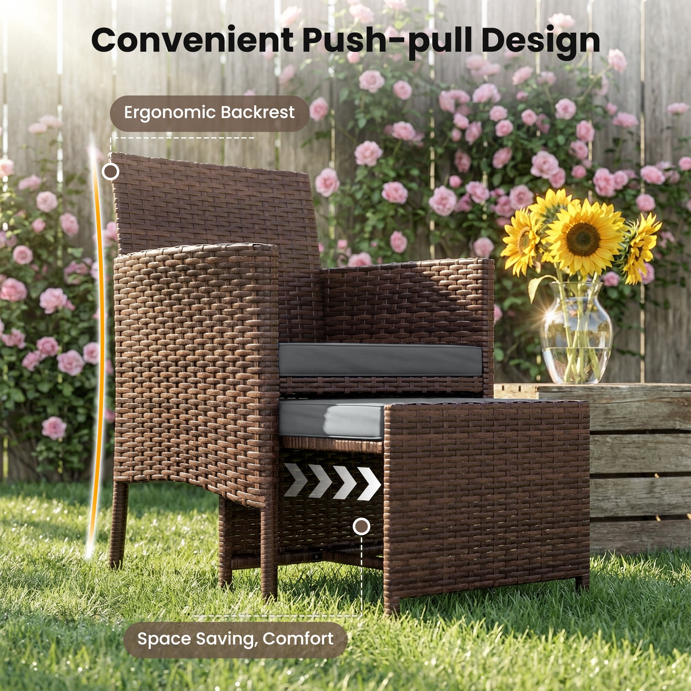 UDPATIO Balcony Furniture 5 Piece Patio Furniture Set, Outdoor Brown Wicker Chairs with Ottoman, Grey