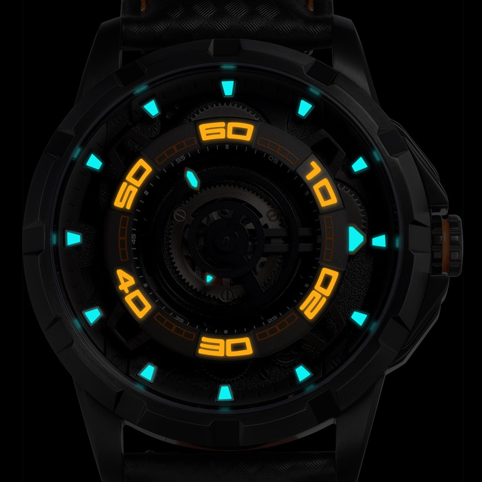 BERNY Mens Skeleton Automatic Watch, Luxury Fashion Self Winding Mechanical Watch with Leather Strap, Exhibition Caseback, Sapphire Crystal, Luminous 50M Waterproof Watches for Mens Gifts (Balck)
