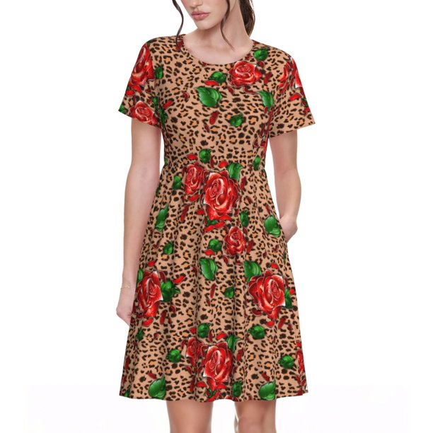 Disketp Rose Mix Leopard 1 para Vestido de Manga Corta para Mujeres, Vestidos de Verano para Mujeres, Casual y Holgado para la Playa