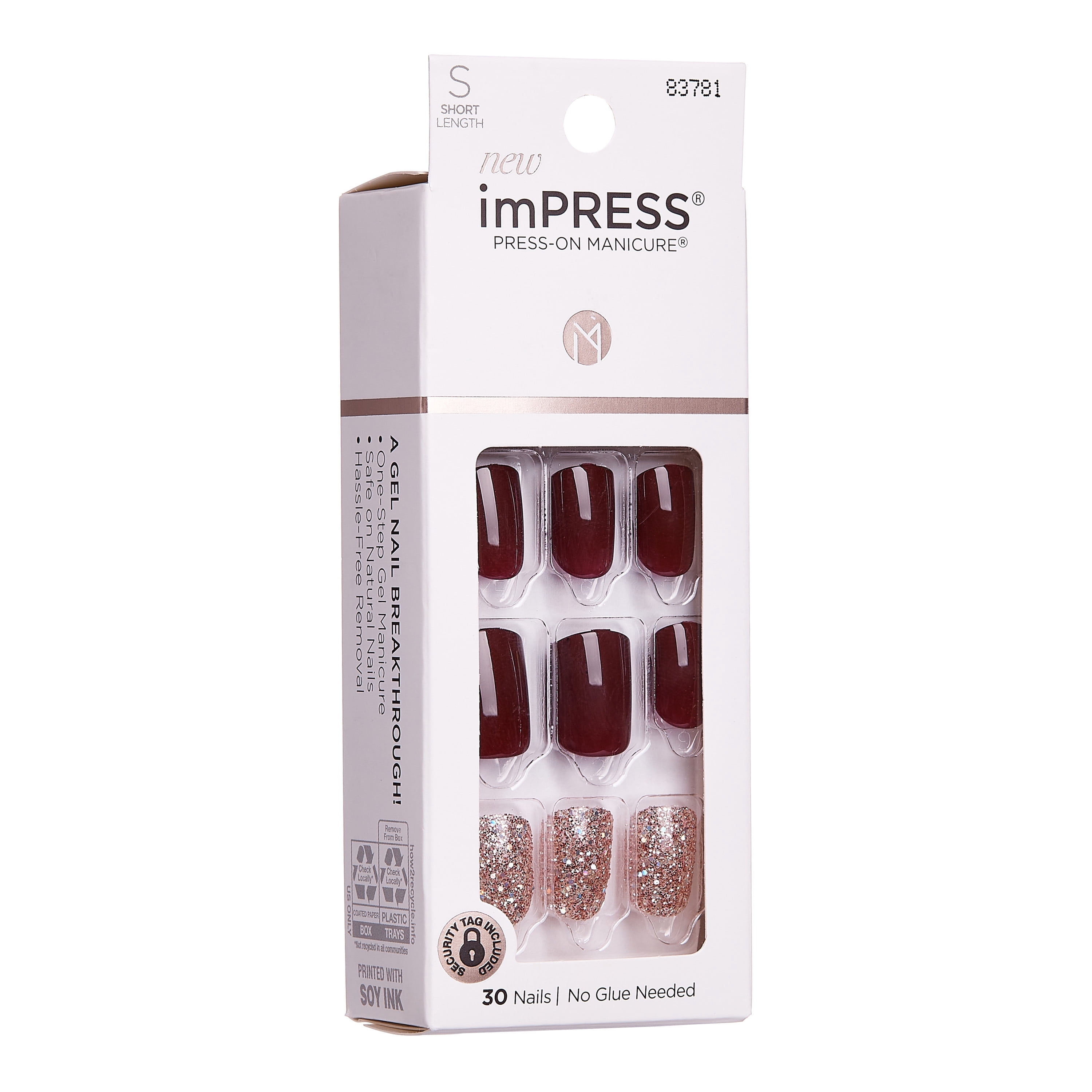 Impress Design Press On Nails , No Glue, Red, Short Length, Squoval Shape, 33 Pieces
