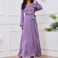 thumbnail image 3 of Women's Elegant Satin Rhinestone Printed Maxi Dress Long Sleeve Crew Neck Long Dress with Belt Fashion Casual Dresses, 3 of 5