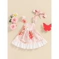thumbnail image 4 of Michellecmm Little Girl 2 Piece Summer Outfit, V Neck Fly Sleeve A-Line Lace Trim Plaid Cami Dress Floral Headband Baby Toddler Set, 4 of 9