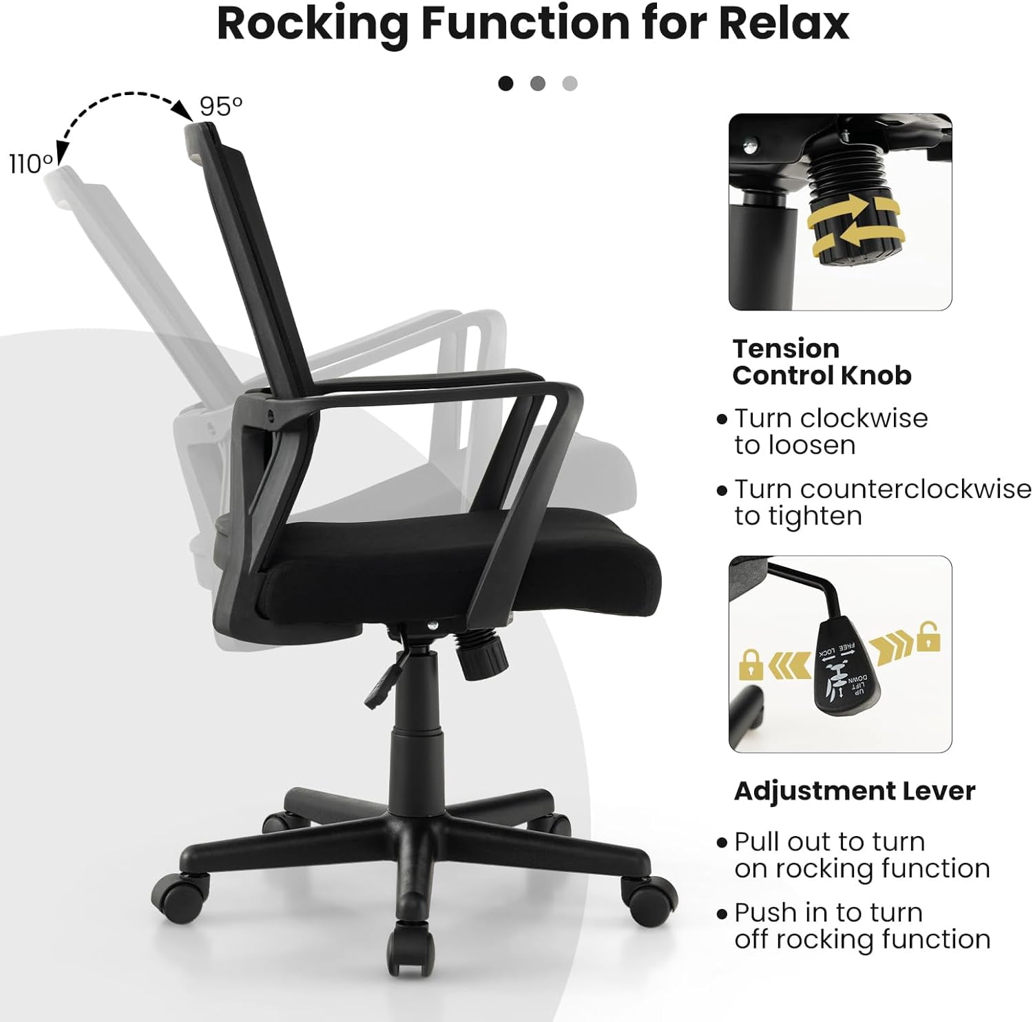 MOONMISS Office Desk Chair with Lumbar Support, Ergonomic Mesh Office Chair with Wheels and Armrests, Mid Back Rolling Swivel Adjustable Task Chair, Executive Computer Chair for Home Office, Black