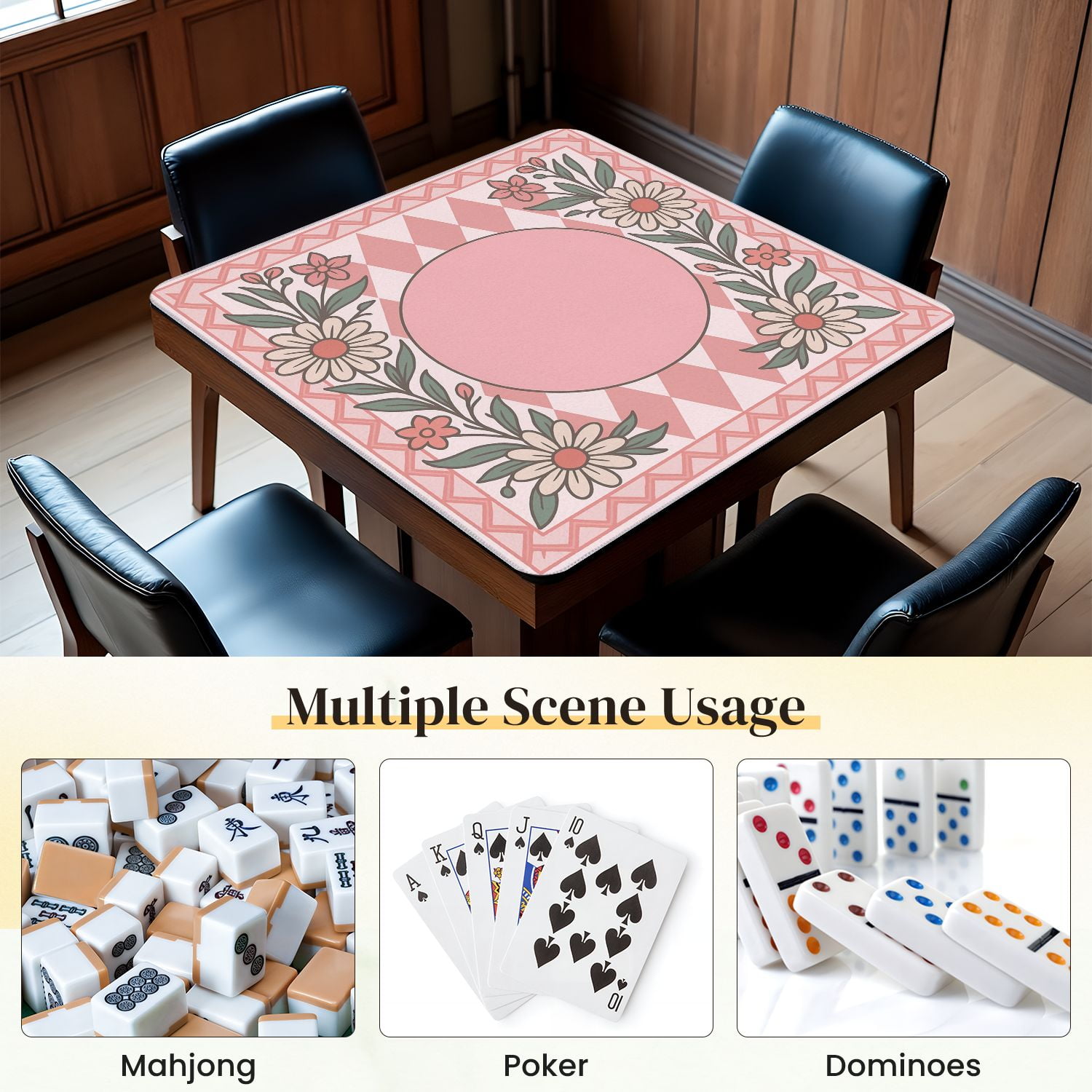 Mahjong Mat 31.5" x 31.5" Floral Frame Pink Diamond Empty Center for Customization Anti-Slip and Noise Reduction Symmetry Design Mahjong Tiles Table Cover for Dominoes Poker Card Board and Tile Games