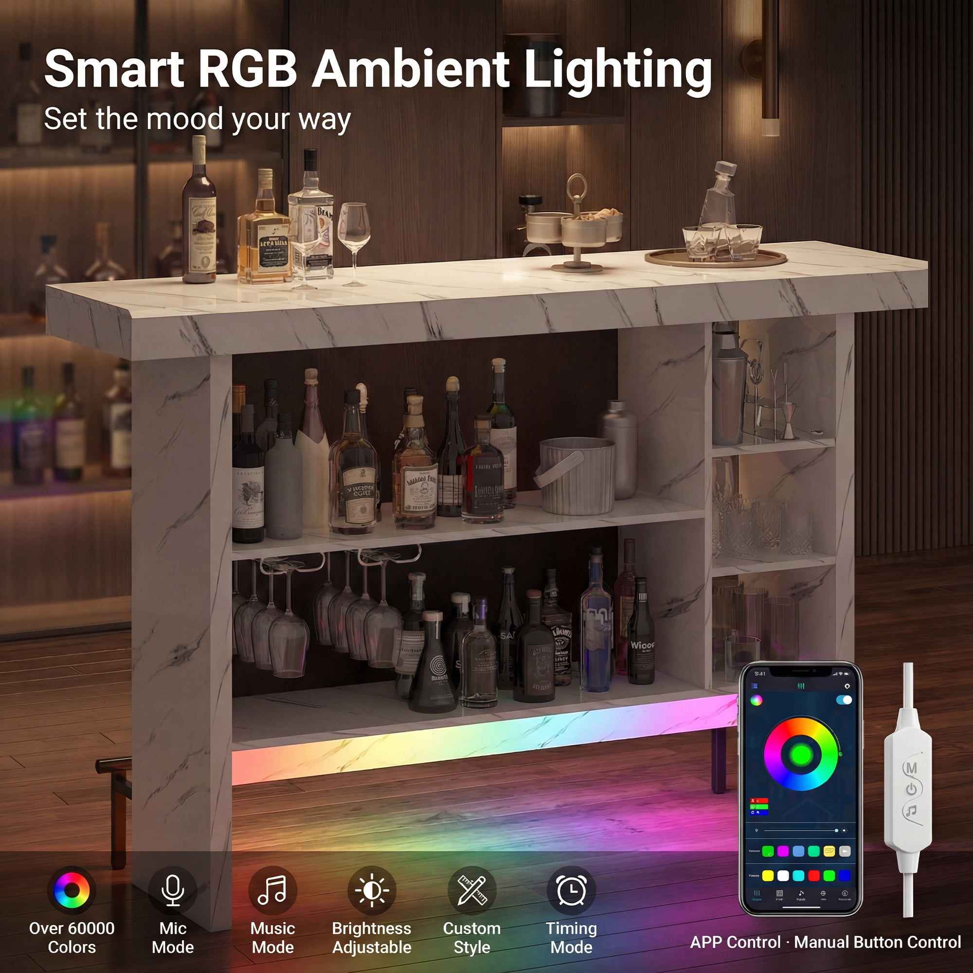 Advwin 62" Large Home Bar Unit with LED Lights & Footrest, Modern Liquor Bar Table with Glass Holders, Mini Coffee Bar Cabinet for Living Room, Kitchen, Home Pub