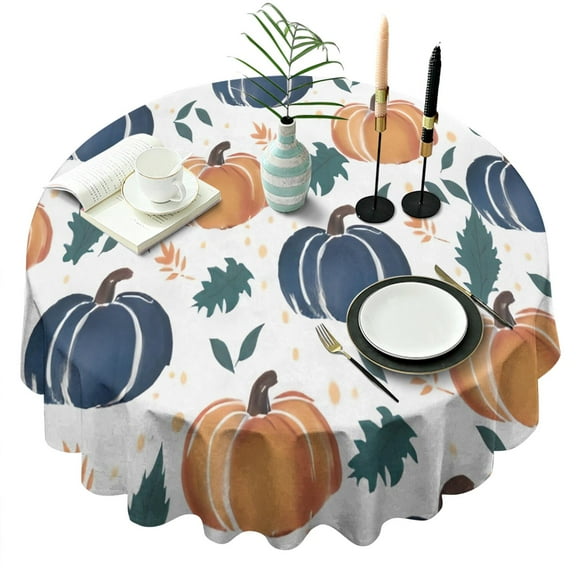 Fall Leaves Pumpkin Round Tablecloth 60" X 60",Wrinkle Wipeable Table Cloth for Kitchen Dining Room Picnic Patio Party
