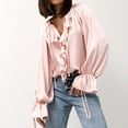 thumbnail image 5 of V Neck Blouses for Women Flowy Ruffle Tie Long Sleeve Fall Shirts Party Ladies Elegant Dressy Evening Casual Tops Pink L, 5 of 7