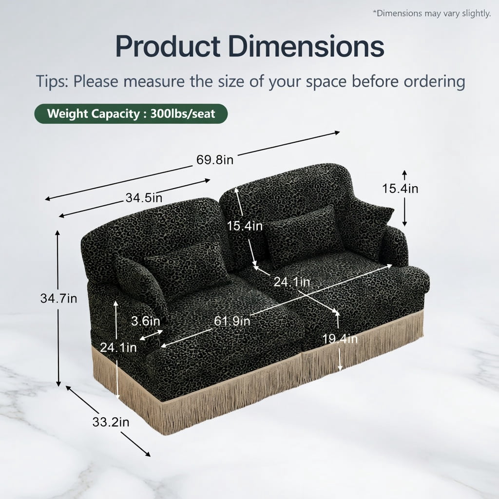 Hommoo 2-Seat Leopard Print Chenille Loveseat Sofa with Tassel Trim, Modern Modular Sectional Couch, Ergonomic Deep Seat Design, Easy Assembly, Living Room Sofa, Green Black