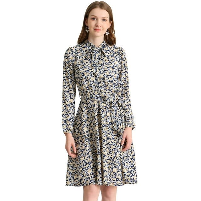 INSPIRE CHIC Robe Ceinturée à Imprimé Floral Vintage en Mousseline à Manches Longues à Col Noué pour Femme