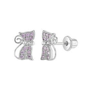 925 Sterling Silver Pink CZ Screw Back Cat Earrings for Girls & Teens Kitty