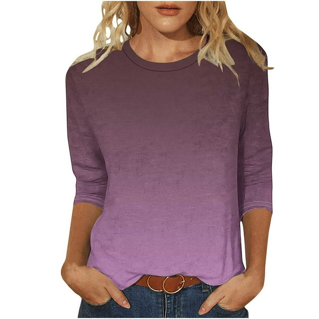 VSSSJ Hauts à Manches 3/4 pour Femmes Décontracté Tendance Dégradé Manches Raglan Col Rond Coupe Décontractée Tunique Respirante Tee-Shirt Violet L