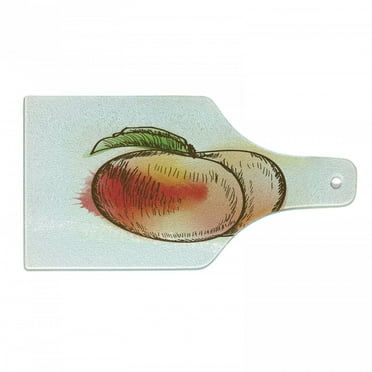 Peach Cutting Board, Fresh Fruit Full of Vitamins and Nutrition Food Sketch Color Splatters, Decorative Tempered Glass Cutting and Serving Board, Wine Bottle Shape, Pale Orange Scarlet, by Ambesonne
