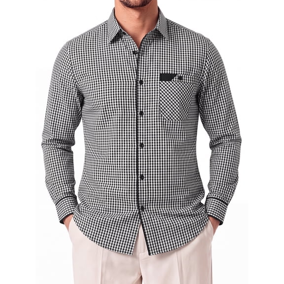 Men's Plaid Button Down Shirts Long Sleeve Dress Shirts Regular Fit Black Shirts with Pocket L