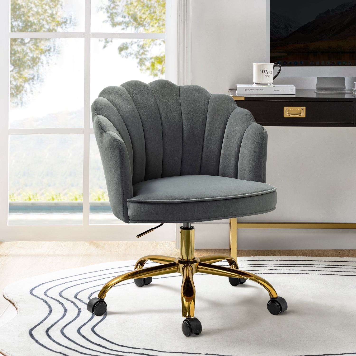 Tina's Home Vanity Makeup Desk Office Chair Velvet Shell Backrest Upholstered Swivel Adjustable Gold Metal Base Bedroom Grey