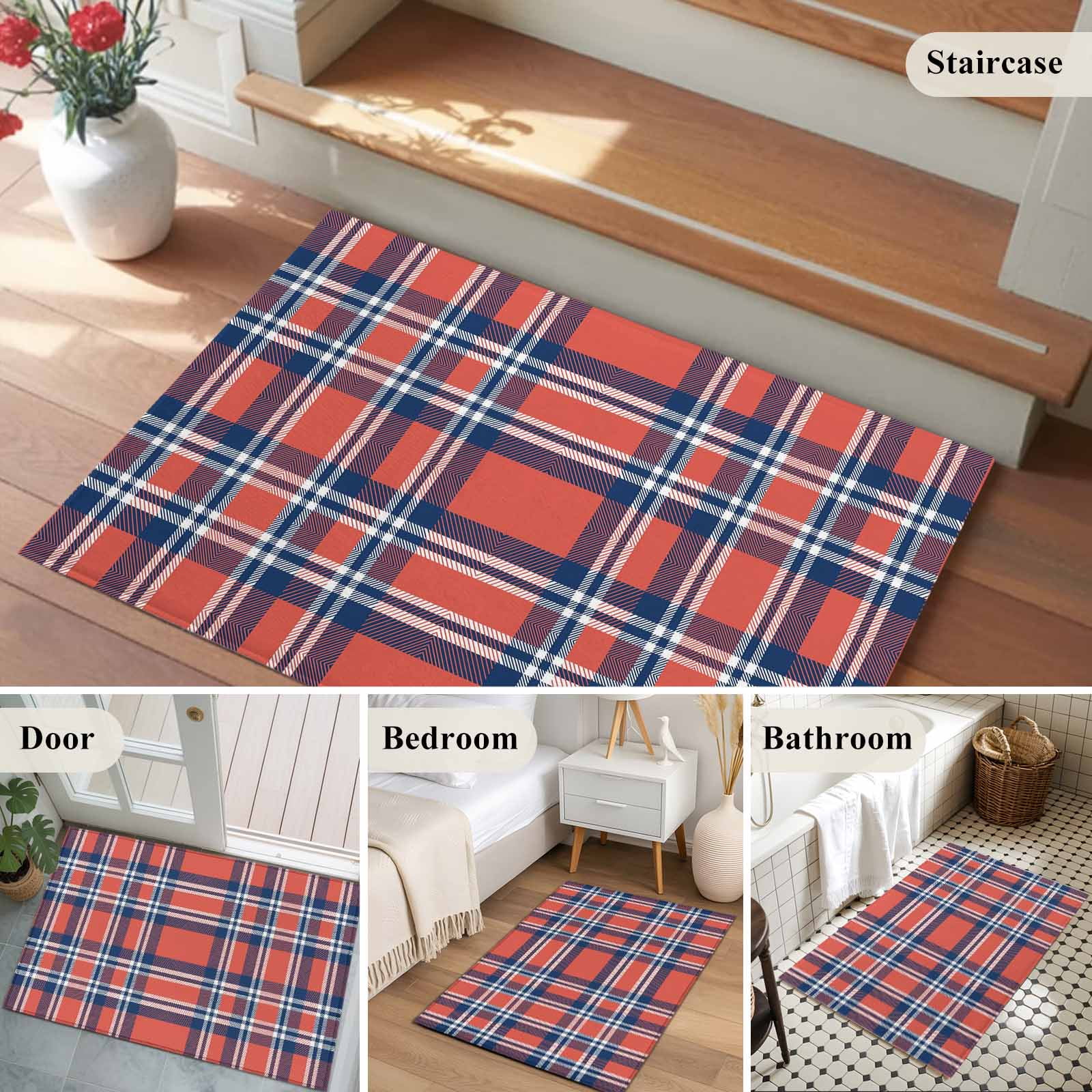 Orange Blue Bathroom Mats 2x3 FT, Non Slip Small Kitchen Mat, British Style Buffalo Plaid Lattice Washable Soft Backed Front Door Throw Rugs Non-Shedding Indoor Outdoor Doormat for Entryway Sink