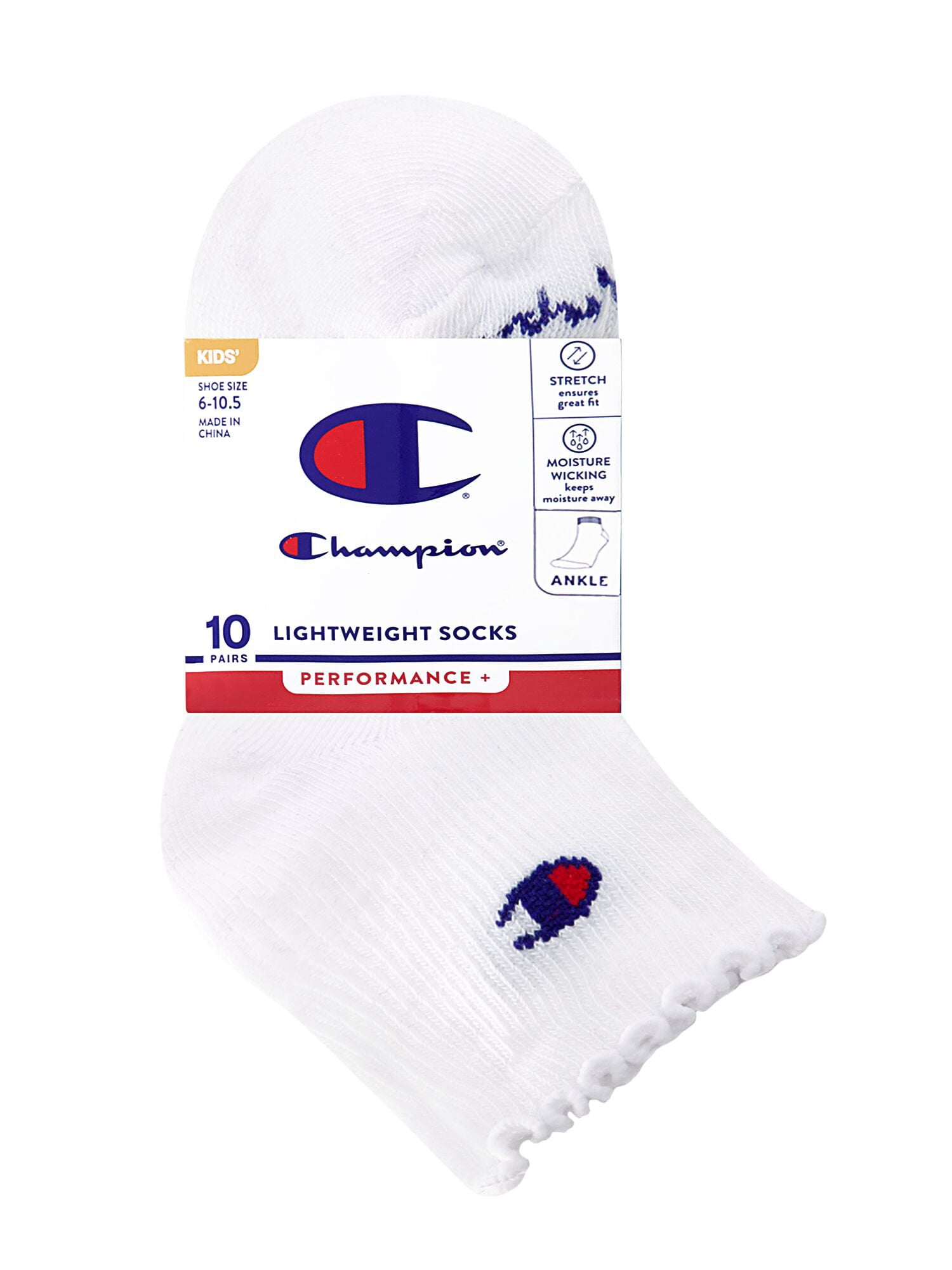 Champion Girls Lightweight Performance+ Kid Ankle Socks, 10 Pack, Sizes S–L