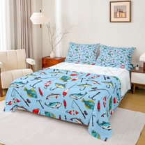 Feelyou Hunting and Fishing Twin Sheet Sets, Cartoon Pike Fish Twin Fitted Sheet, Teens Kids Boys Girls Flat Sheet, Ultra Soft Bedroom Decor, 3-Piece