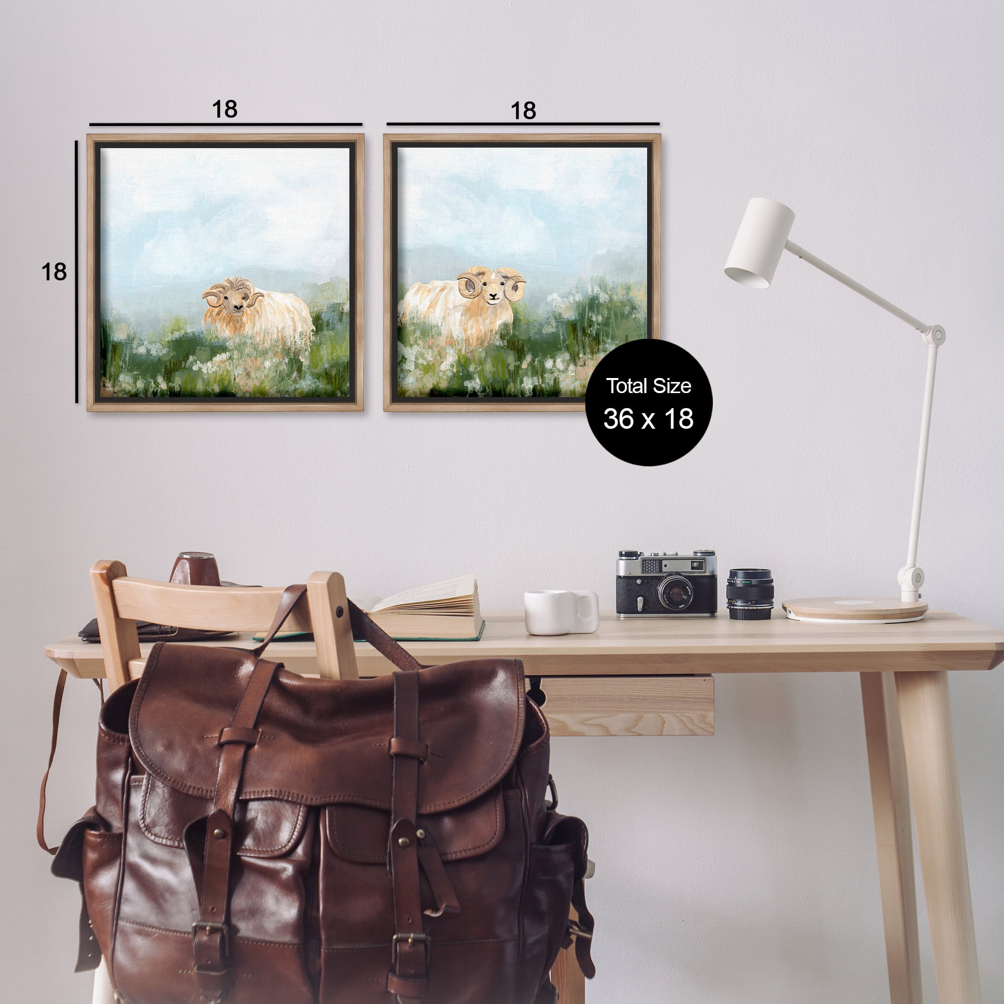 Stupell Industries Curly-Horned Sheep Field Animals Painting Brown Floater Framed Canvas Art Print Wall Art, 18 x 18, Set of 2