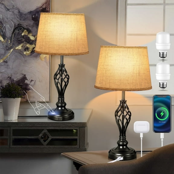 Coliware Table Lamp Set of 2, Traditional Dimmable Desk Lamps with Touch Control USB Charging Port, Farmhouse Fabric Tapered Drum Shade Bedside Nightstand Lamps for Living Room Bathroom Bedroom