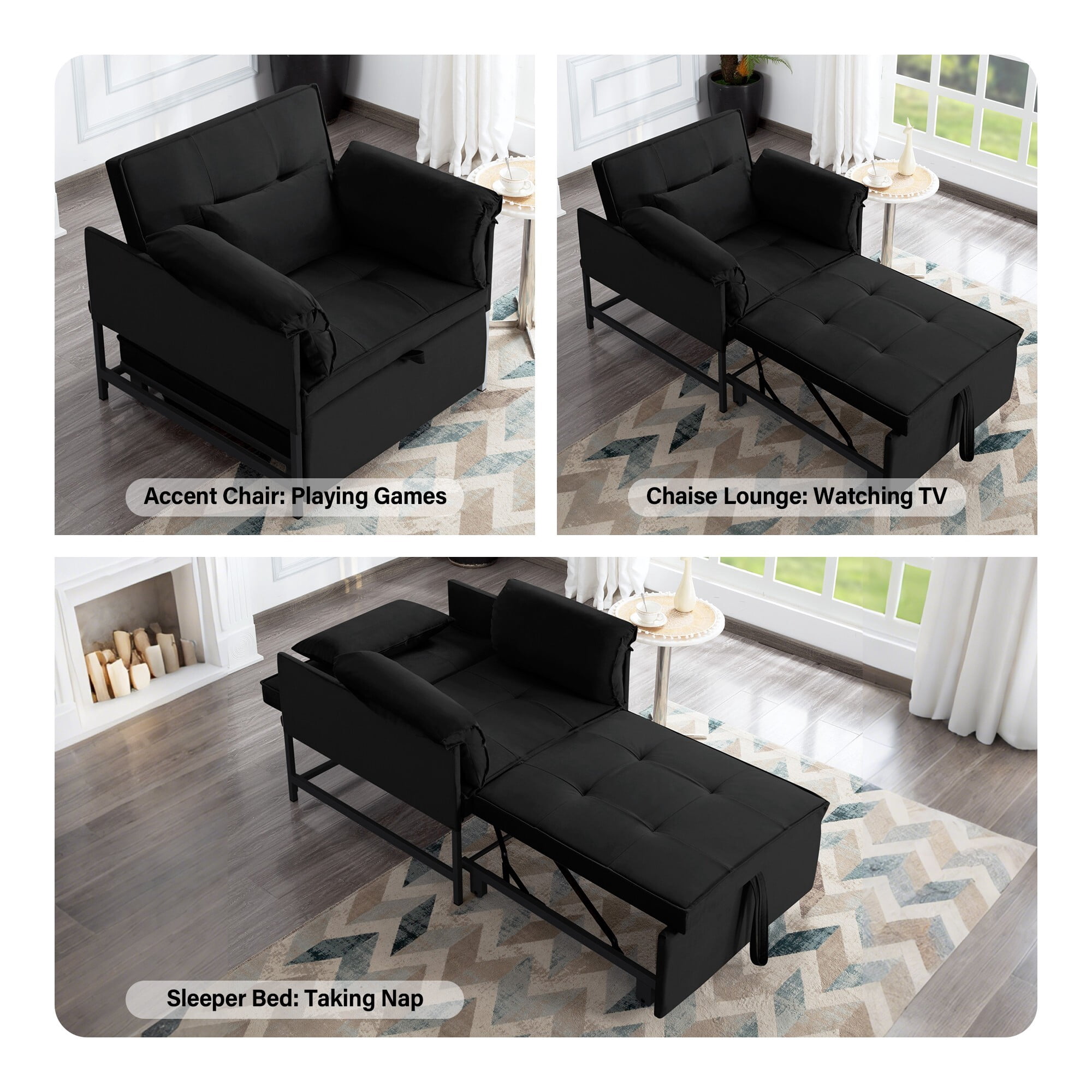 AENKYO 3-in-1 Convertible Sleeper Chair Bed with Adjustable Backrest, Velvet Chaise Lounge Sofa for Small Spaces, Black