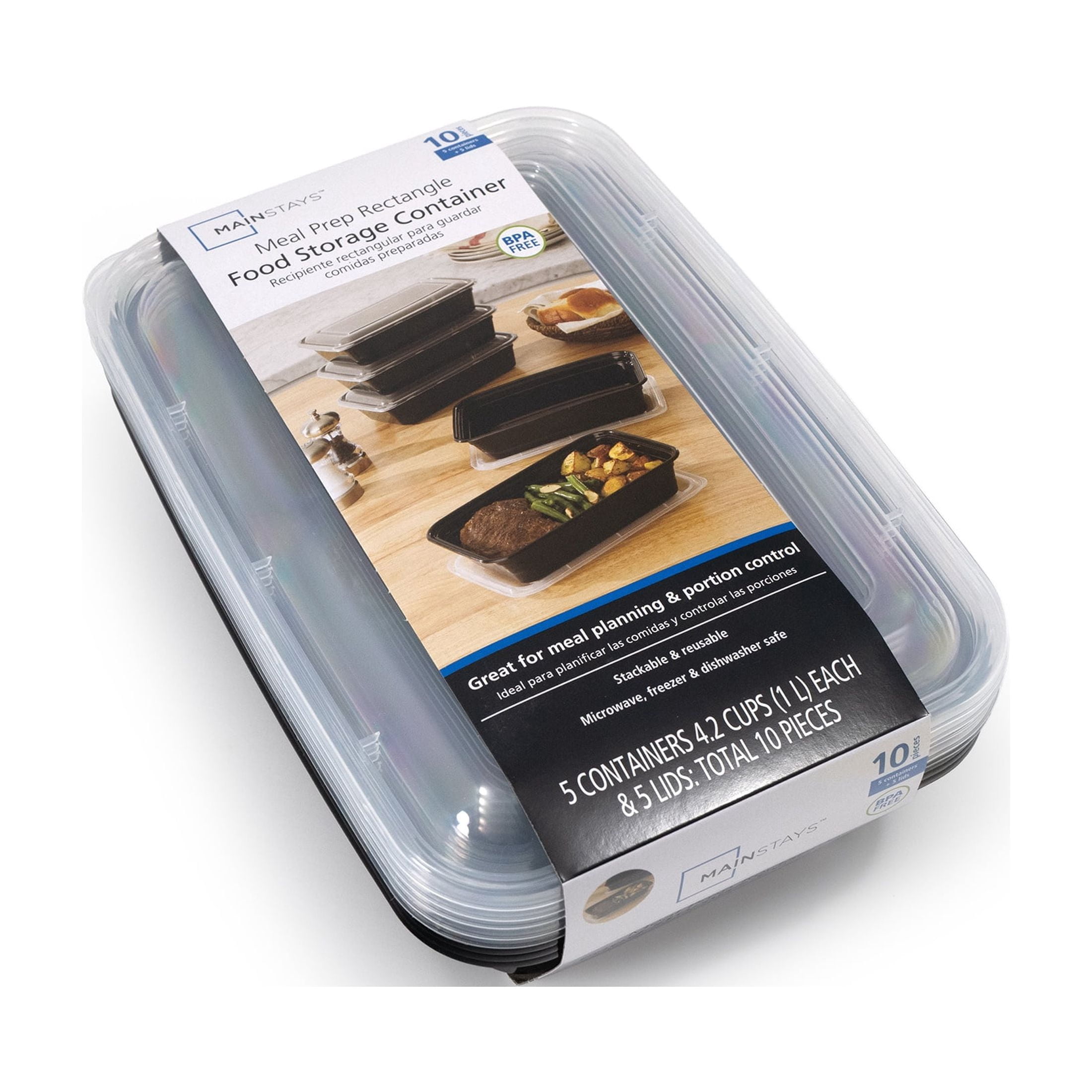 (2 pack) Mainstays 10-Piece (5 Containers + 5 Lids) Single Compartment Meal Prep, BPA-Free, Leak-Resistant, Microwave and Dishwasher Safe