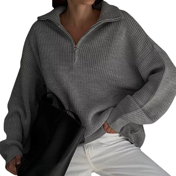 KOMOO Women Half Zipper Sweater Long Sleeve Turtleneck Knitwear Tops Shoulder Pads Knit Sweaters