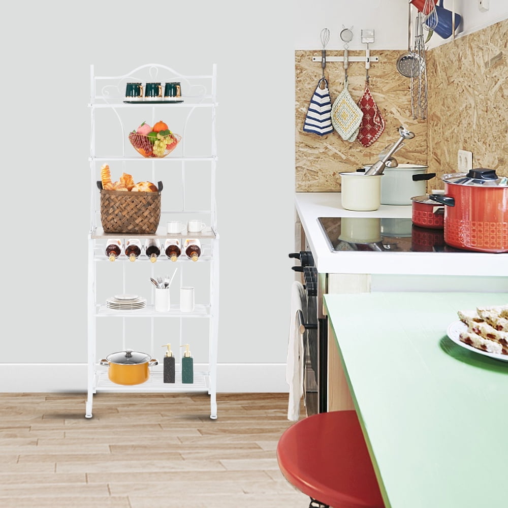 Kepooman 5-Layer Adjustable MDF Board Heavy Duty Storage Shelving Unit With Wine Rack Iron Kitchen Shelves, White Kepooman 5-Layer Adjustable MDF Board Heavy Duty Storage Shelving Unit With Wine Rack Iron Kitchen Shelves, White