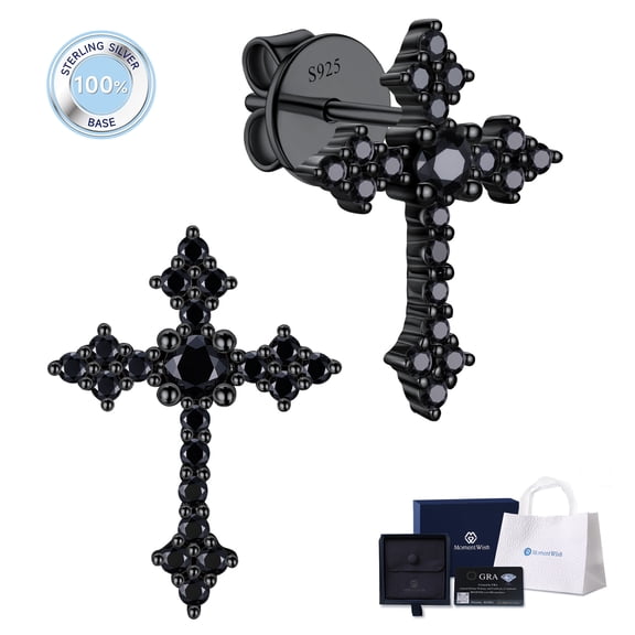 MomentWish Cross Earrings for Men Black Moissanite Stud Earrings S925 Sterling Silver Easter Father's Day Jewelry Gift