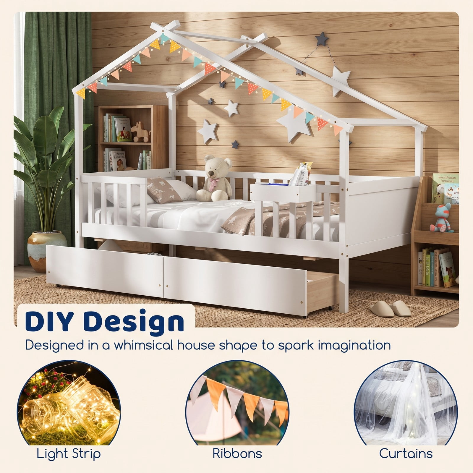 Furnibear Twin House Bed Frame with 2 Storage Drawers, Montessori Floor Bed with Roof Frame and Fence Rails for Kids Room, White