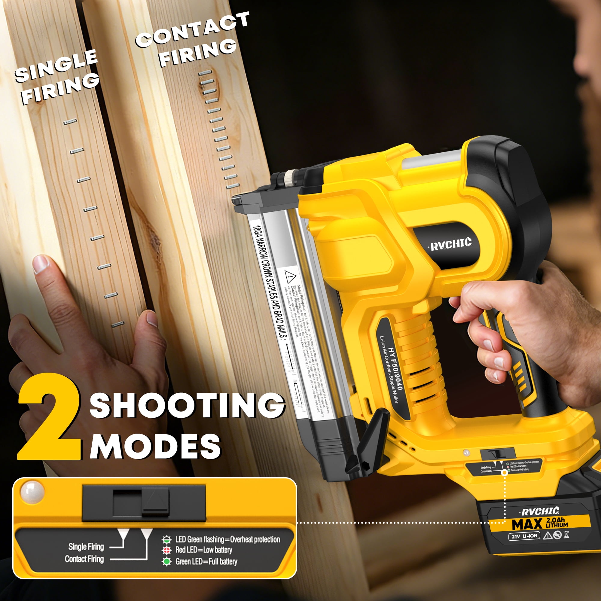 Rvchic 18GA Cordless Brad Nailer, 2-in-1 Electric Combo Kit with 2 Batteries, 1000 Nails/Staples for Upholstery, Carpentry, and Woodworking,Yellow