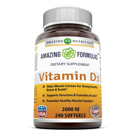 Amazing Nutrition Amazing Formulas Vitamin D3- 2,000 IU, 240 Softgels- Important Vitamin For Optimal Body Function- Supports Bone Health, Cardiovascular Health, Kidney Function and Over-all