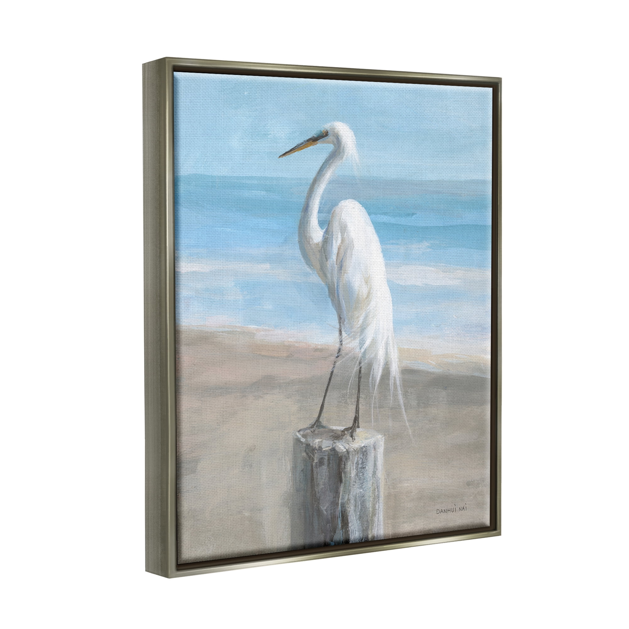 Stupell Industries Egret Coastal Landscape Animals & Insects Painting Gray Floater Framed Art Print Wall Art, 25 x 31