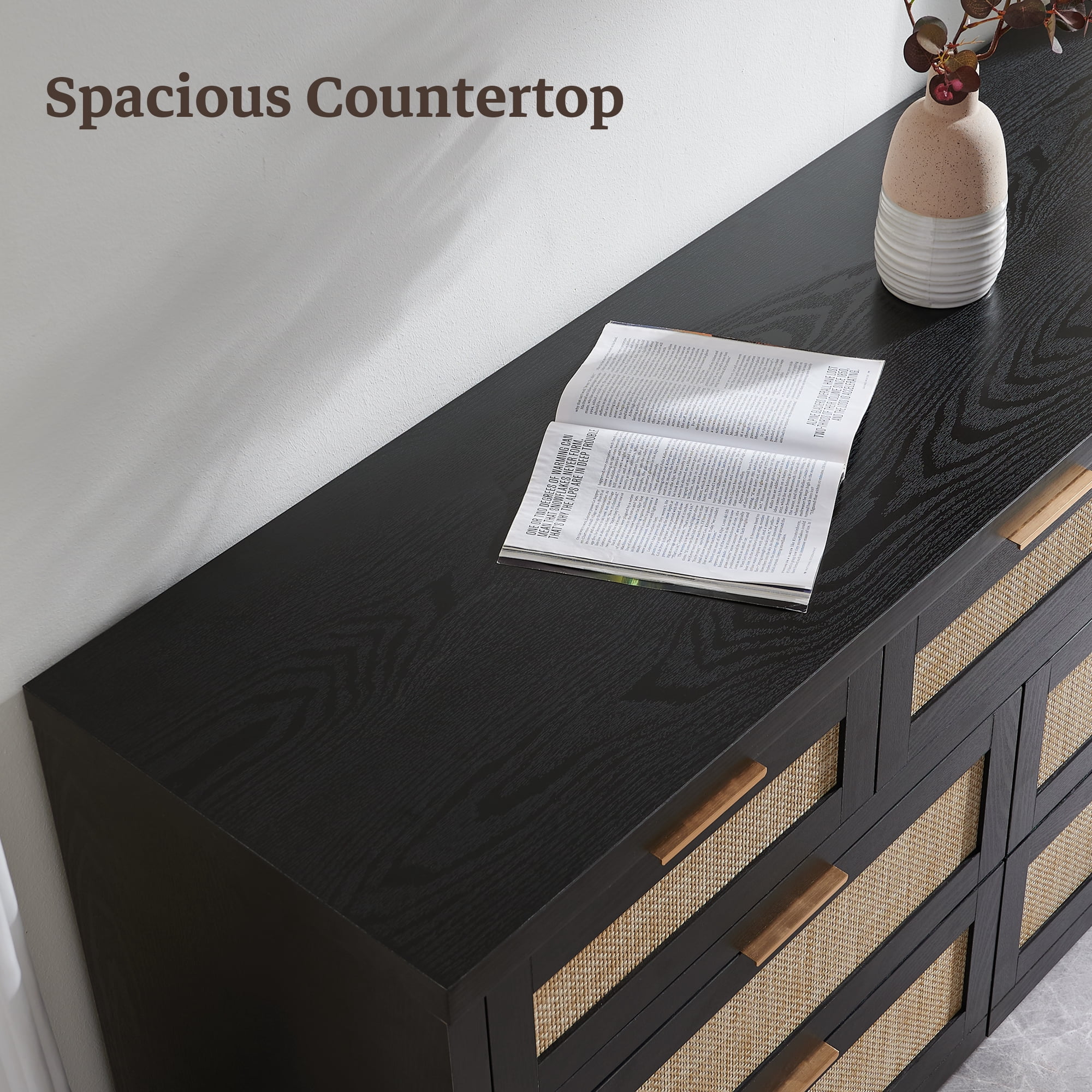 SICOTAS 56.88" Wide 7 Drawer Tall Dressers, Boho Dresser with Oversized Storage Space Rattan Dressers & Chests of Drawer Engineered Wooden Dressers for Bedroom,Black Oak