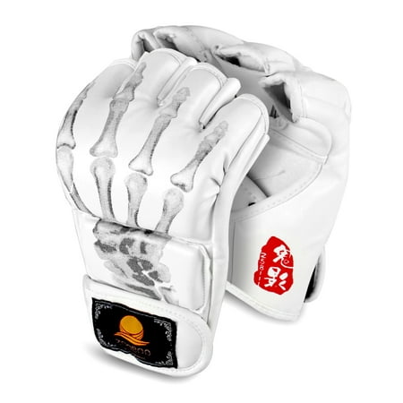 MMA Gloves (Skeleton Hand Print, White) - 8oz Grappling Muay Thai Martial Arts Combat UFC Sparring Punching Boxing PU Leather Training Mitts with Velcro Strap, One Pair for Adult (Best Velcro Boxing Gloves)